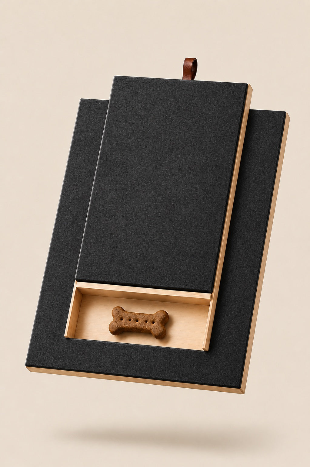 Scratchly solid oak self-filing dog nail board floating on a cream background — three stacked boards with the treat drawer pulled open and a bone-shaped treat inside, leather pull tab at the top