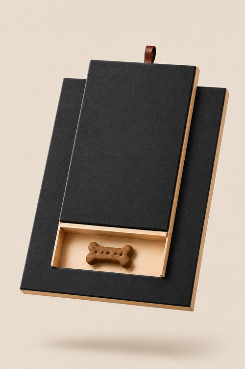Scratchly solid oak self-filing dog nail board floating on a cream background — three stacked boards with the treat drawer pulled open and a bone-shaped treat inside, leather pull tab at the top