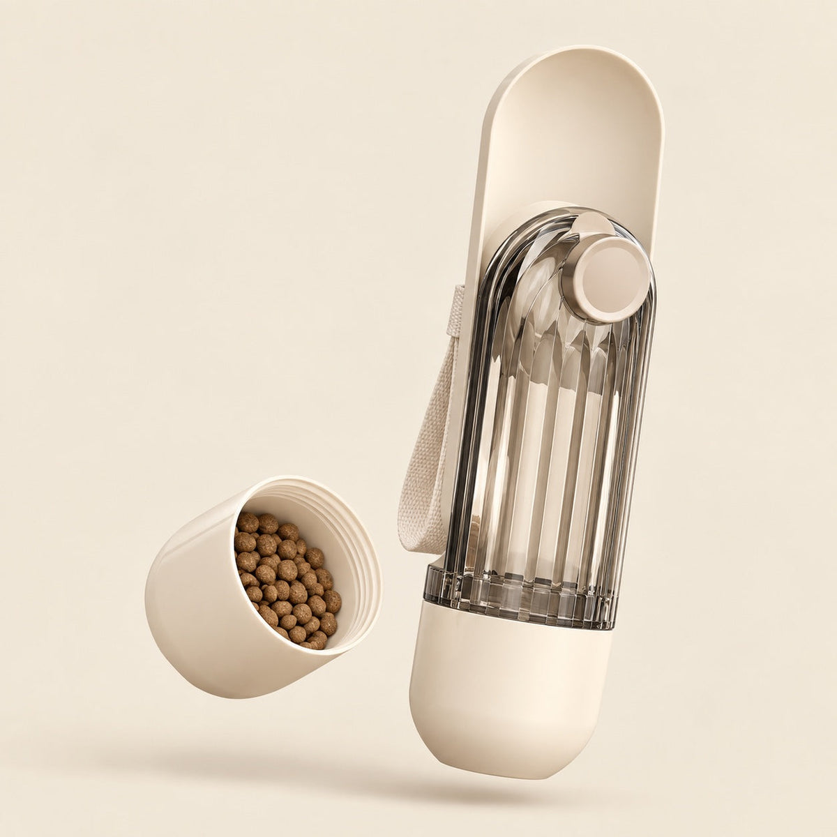 Scratchly Trail Bottle — dog water bottle with a fold-out drinking cup and a twist-off snack cup filled with kibble, on a cream background