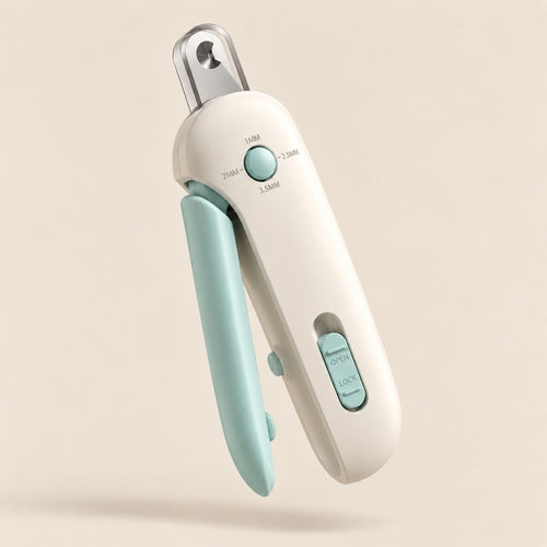 Scratchly dog nail clippers — white body, sage-green handle, stainless steel blade, adjustable cutting-depth dial (1–3.5mm) and an open/lock switch, on a cream background