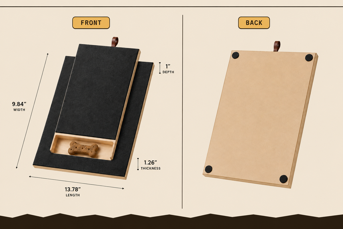 Scratchly size guide — front and back. Front view labelled 13.78 inch length, 9.84 inch width, 1 inch drawer depth, 1.26 inch board thickness. Back view shows the kraft underside with four black non-slip rubber feet.