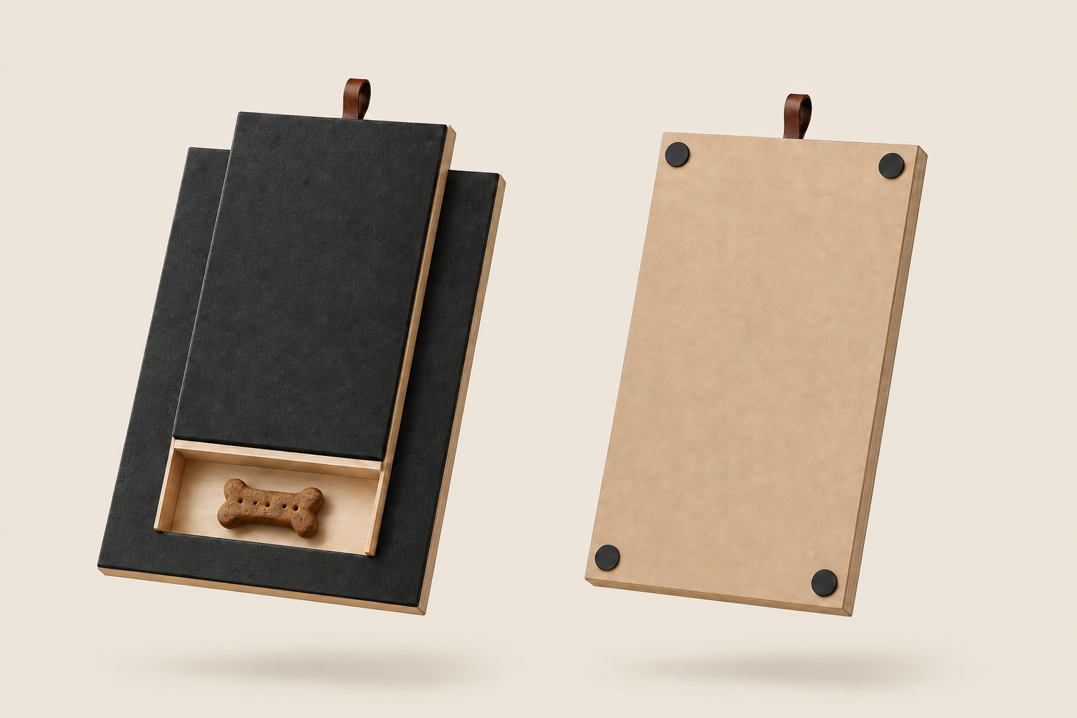 Scratchly solid oak self-filing dog nail board — front view with the treat drawer pulled open and a bone-shaped treat inside, next to the back view showing the four non-slip rubber feet